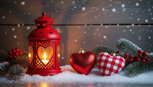 Cozy christmas scene with red lantern heart ornaments and pine branches in snow