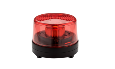 Bright Red Warning Light Alert and Safety Equipment on White Background, Essential for Safety