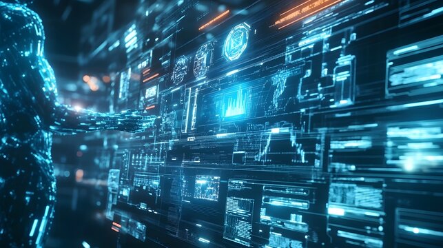 Cybernetic Interface: A breathtaking, futuristic digital environment, showcasing an intricate array of glowing interfaces, circuits, and data streams, reflecting a cutting-edge.