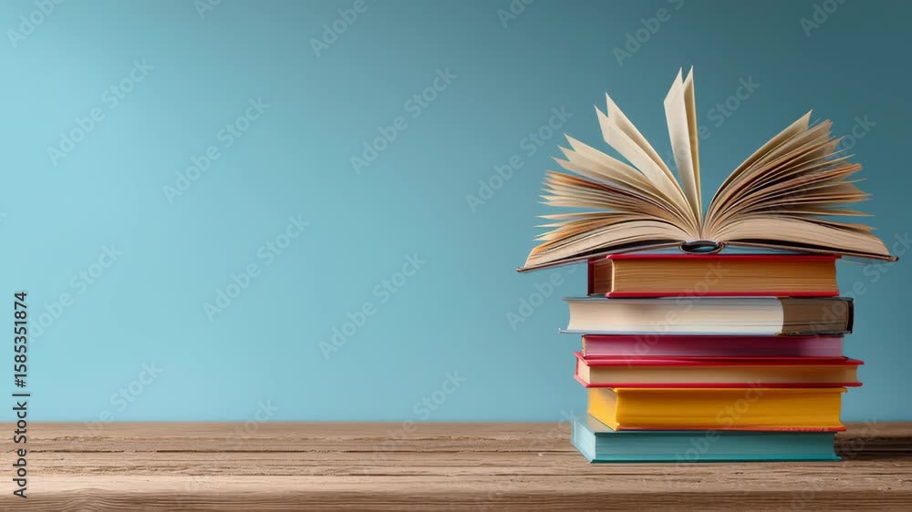 Poster stack of colorful books with an open book on top, showcasing pages fanned out, placed on a wooden su