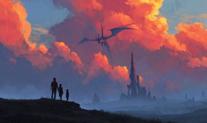 A digital painting depicts knights in a canyon challenging a dragon