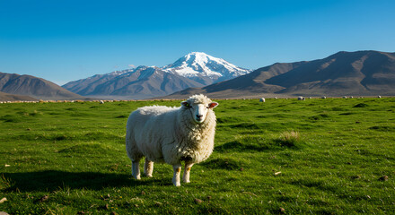Fototapeta premium Fluffy white sheep in a grassy field, majestic mountain backdrop.
