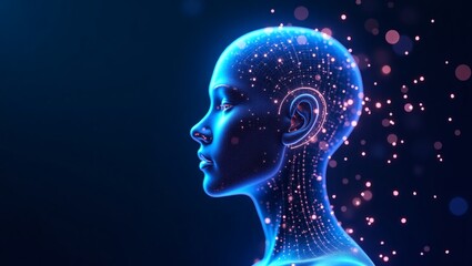 Futuristic Concept Illustration of Artificial Intelligence – Glowing Humanoid Robot Head with Digital Circuits and Neural Network Patterns, Blue and Purple Color Scheme, Sci-Fi Style with High-Tech Ba