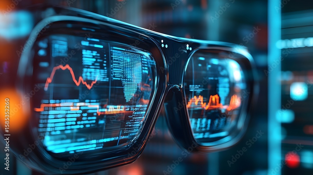 Poster tech vision: high-tech glasses reflecting complex data visualizations, representing the future of te