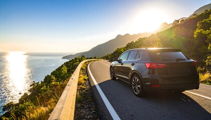 SUV on scenic coastal road at sunset