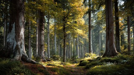 Obraz premium Enchanting autumnal forest landscape with vibrant foliage and towering trees