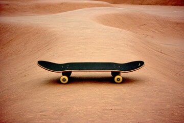 A dark-colored skateboard rests on a textured, reddish-brown surface.  The skateboard is oriented horizontally, with its deck and wheels visible.  The surface resembles a sculpted, sandy hill