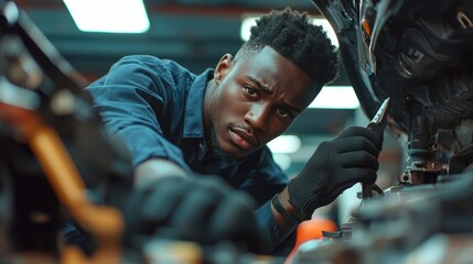 A young man in a blue shirt and black gloves is working on a car engine in a workshop with a focused expression.