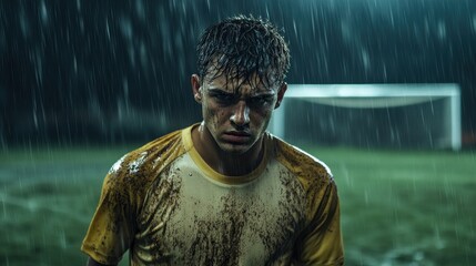 Young soccer player muddy and wet during a heavy rain on the field