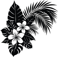 Tropical Flower Cluster Corner Silhouette with Palm