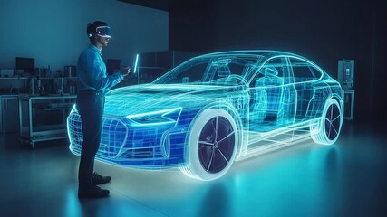 A person in a virtual reality headset examines a luminous digital car blueprint in a dark studio - Powered by Adobe