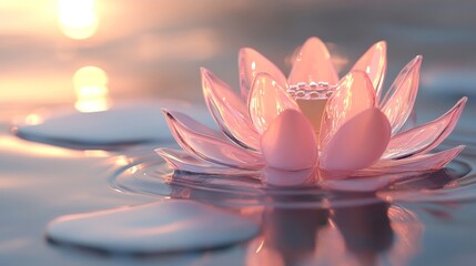 A pink lotus flower is peacefully suspended on the water, its reflection mirrored below, basking in the warm glow of sunlight