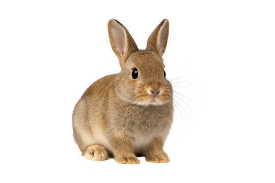 Cute brown baby rabbit sitting isolated. Fluffy bunny with alert ears and bright eyes, perfect for Easter, pet care, and animal-themed concepts, transparent background, clipping path - Powered by Adobe