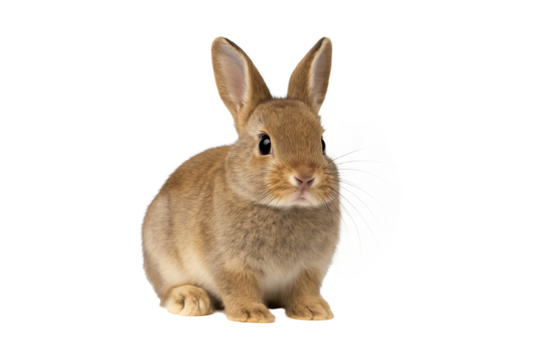 Cute brown baby rabbit sitting  isolated. Fluffy bunny with alert ears and bright eyes, perfect for Easter, pet care, and animal-themed concepts, transparent background, clipping path - Powered by Adobe