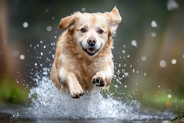 Energetic golden retriever dog splashing through water forest background action photography outdoor adventure