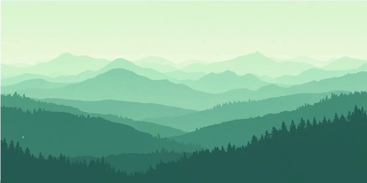 A stunning morning landscape of misty mountains with clouds, a forest, and a valley view