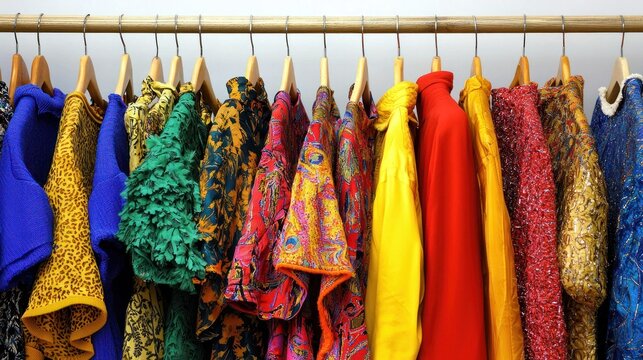 A colorful display of various clothing items hanging on a wooden rack.