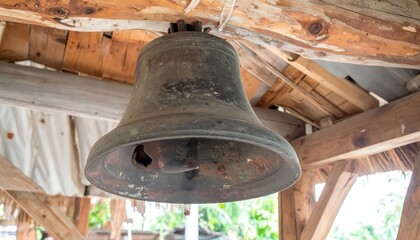 Fototapeta premium Rustic Iron Bell on Wooden Beam Old Village Tone
