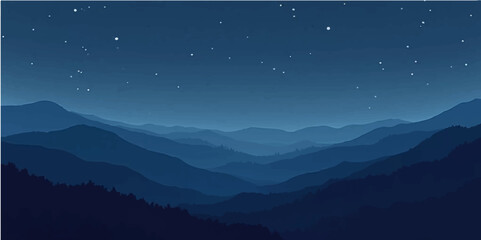 Minimalist night mountain landscape with starry sky and layered blue hills background