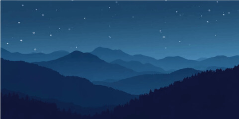 Winter mountain landscape with snow-covered peaks under a misty sky at sunrise