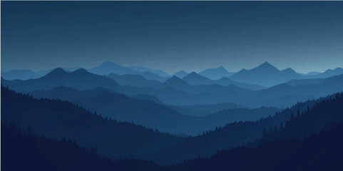 Morning fog envelops layered mountain peaks and forested hills under a soft blue sky