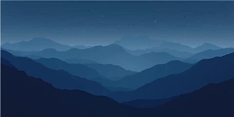 Mountain landscape with layered peaks and drifting clouds under a soft sky