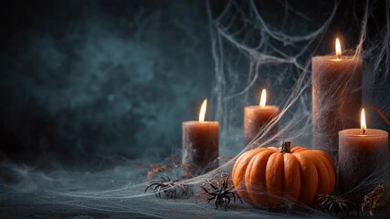 Decorative autumn scene featuring glowing candles surrounded by cobwebs and a vibrant orange pumpkin, creating a cozy and spooky atmosphere perfect for Halloween celebrations and seasonal decor inspir