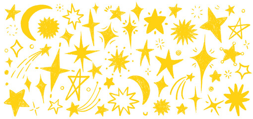 Fototapeta premium Crayon Star and Moon Doodle Set in Hand-Drawn Style. Includes Spark Yellow Stars