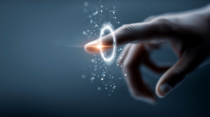 Futuristic Interaction: Hand Touching Holographic Interface with Glowing Light