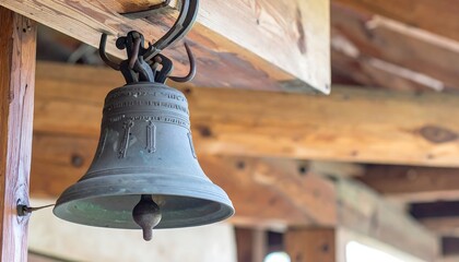 Obraz premium Rustic Iron Bell on Wooden Beam Old Village Tone