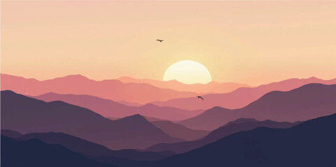 Minimal Evening Landscape with Glowing Sunset behind Red and Purple Mountain Silhouettes