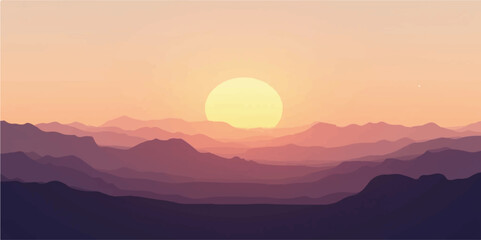 Serene Sunset Horizon over Layered Red and Violet Abstract Mountain Ridges
