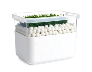 Clear storage container with small, white spheres and green sprouts