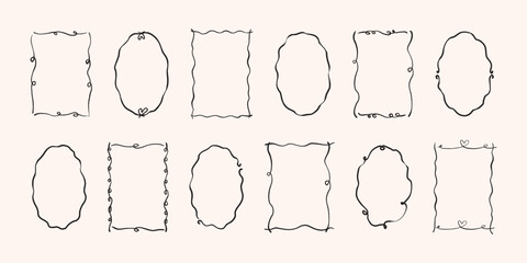 Vector hand drawn trendy summer wedding whimsical frame outline illustration set. Elegant flat minimalist hand drawn modern art for wedding invitations, menu, graphics and design