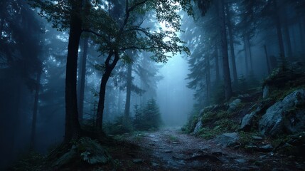 Fototapeta premium Enchanted woodland path veiled in fog, a haunting blend of nature and mystery