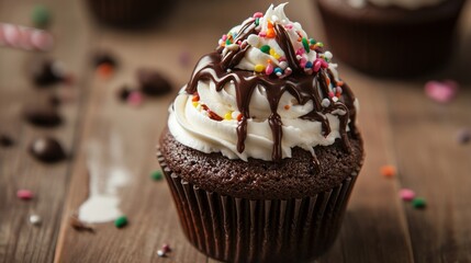 Colorful frosted birthday cupcake with candle on rustic wooden table, festive dessert for celebration or party theme




