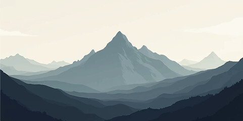 Serene Blue Mountain Landscape with Soft Fog Layers in Minimalist Vector Art Style