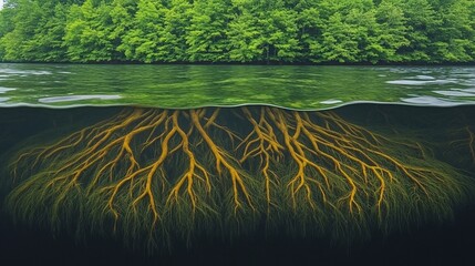 Tree root system extending deep beside water

