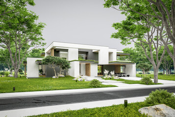3d rendering of two-story house with parking and pool for sale or rent with concrete facade and beautiful landscaping. Cloudy white sky overcast, soft shadows