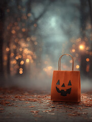 Orange Halloween trick or treat bag with jack o lantern face on ground with fallen leaves and