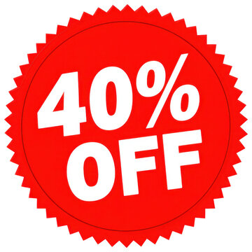 Bright red discount sticker indicating a 40 percent reduction for a limited time sale