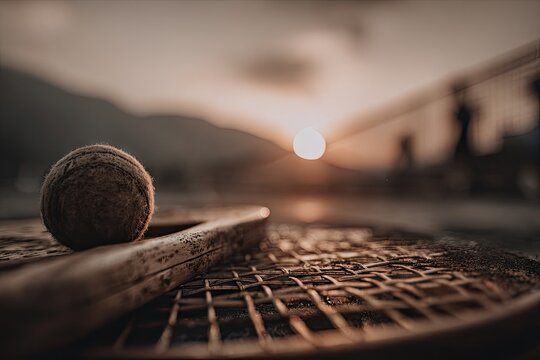 A weathered tennis ball and racket at sunset