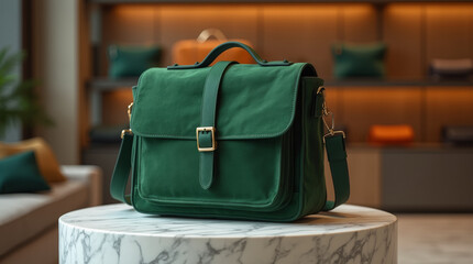 A trendy green suede bag stands on a marble podium in a boutique
