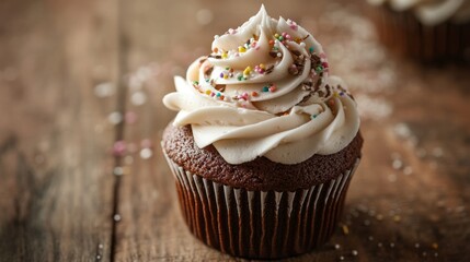 Colorful frosted birthday cupcake with candle on rustic wooden table, festive dessert for celebration or party theme




