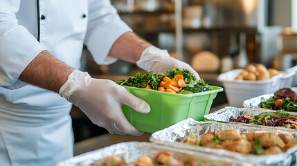 Naklejka premium Gloved chef prepares fresh salad in a green container, readying it for service in a commercial kitchen with other prepared meals.
