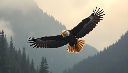 Obraz premium Graceful Eagle in Flight – Sunrise Over Misty Mountain