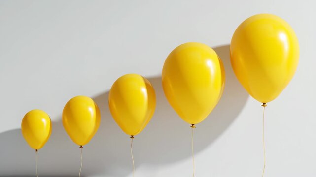 Bright yellow balloons of varying sizes are arranged in a line against a minimalist white wall, creating a cheerful and festive atmosphere, ideal for celebrations and joyful occasions