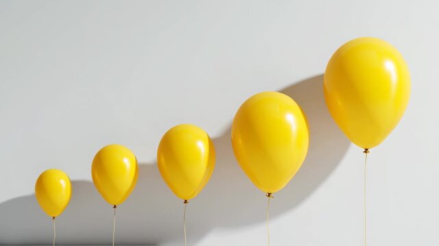 Yellow balloons of varying sizes are arranged in a row against a light gray wall, casting soft shadows that enhance the festive atmosphere and create a cheerful, celebratory mood for any occasion
