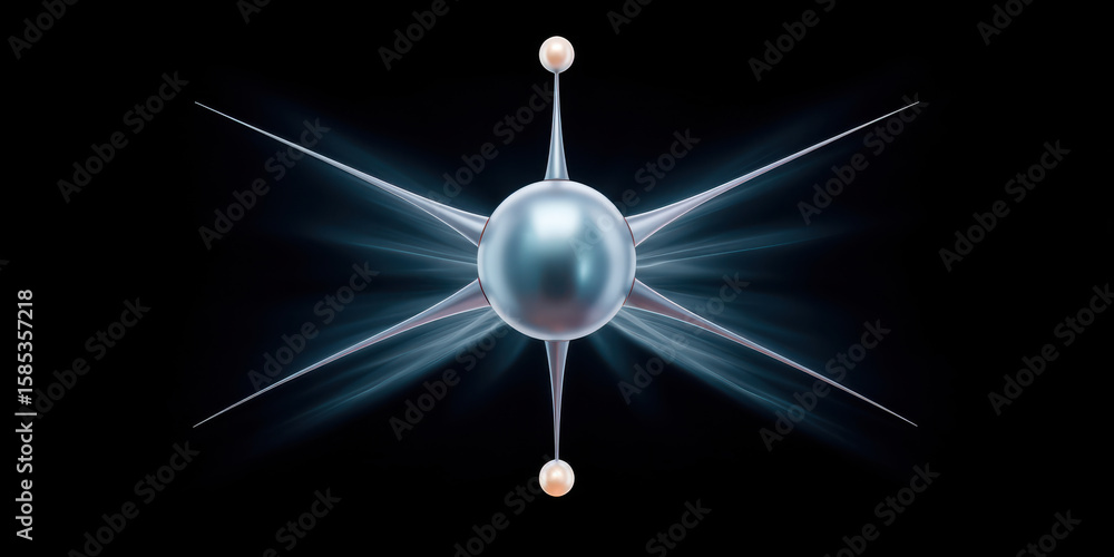 Poster futuristic abstract design featuring central sphere with radiating spikes and smaller spheres, creat