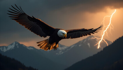 Naklejka premium Graceful Eagle in Flight – Sunrise Over Misty Mountain
